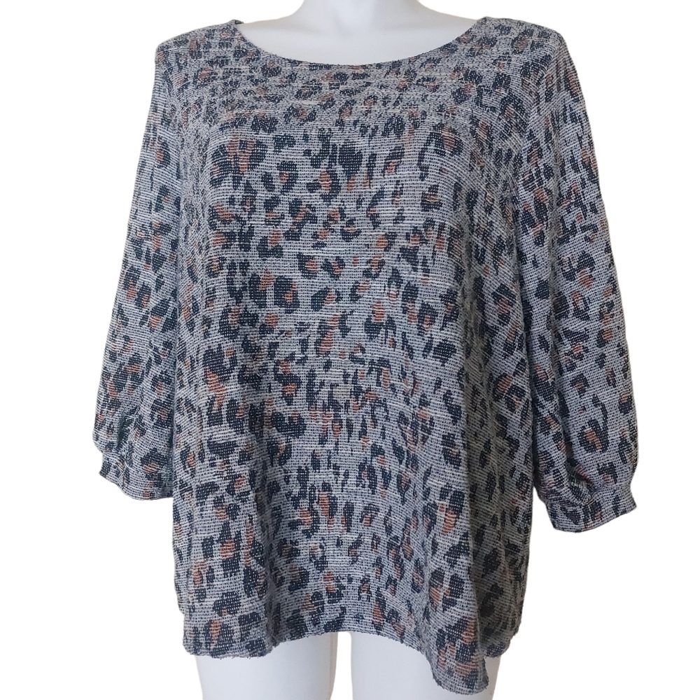 W5 2X Leopard Print Bubble Sleeve Plus Size High Neckline Textured Sweater